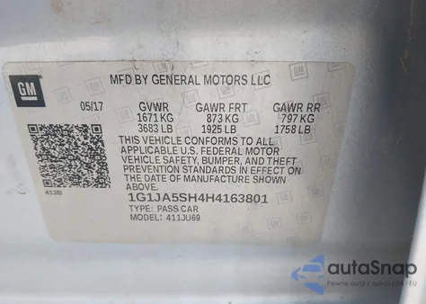 2017 Chevrolet Sonic Ls Manual z USA, uszkodzony, nr VIN 1G1JA5SH4H4163801